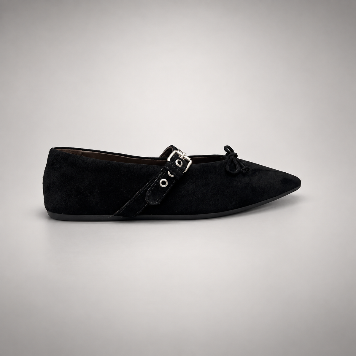 Black buckle-strap suede flat