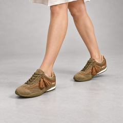 Olive brown fringe suede sneakers, on-foot view