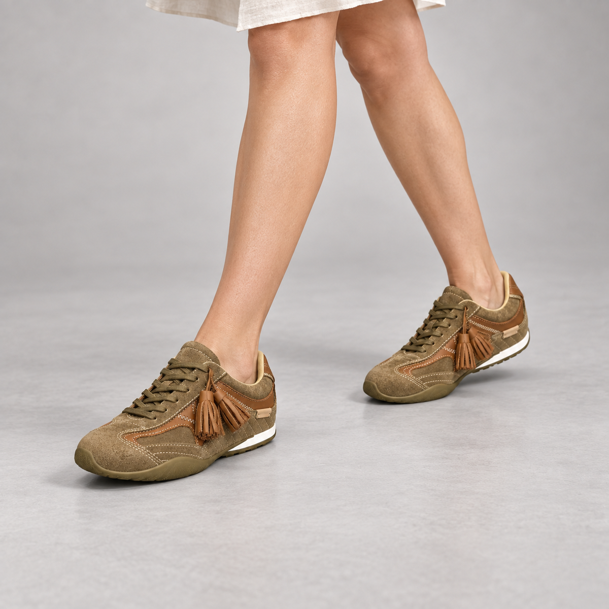 Olive brown fringe suede sneakers, on-foot view