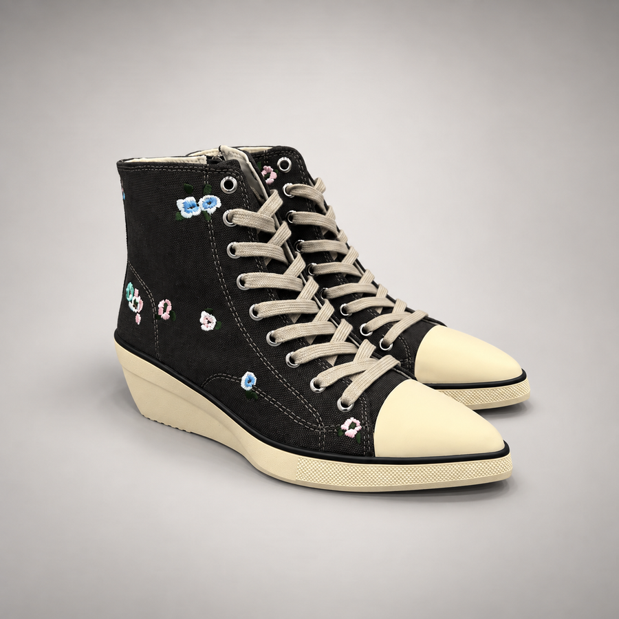 Black floral embroidered canvas wedge sneaker