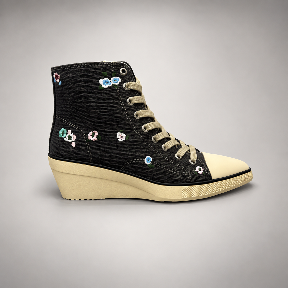 Black floral embroidered canvas wedge sneaker