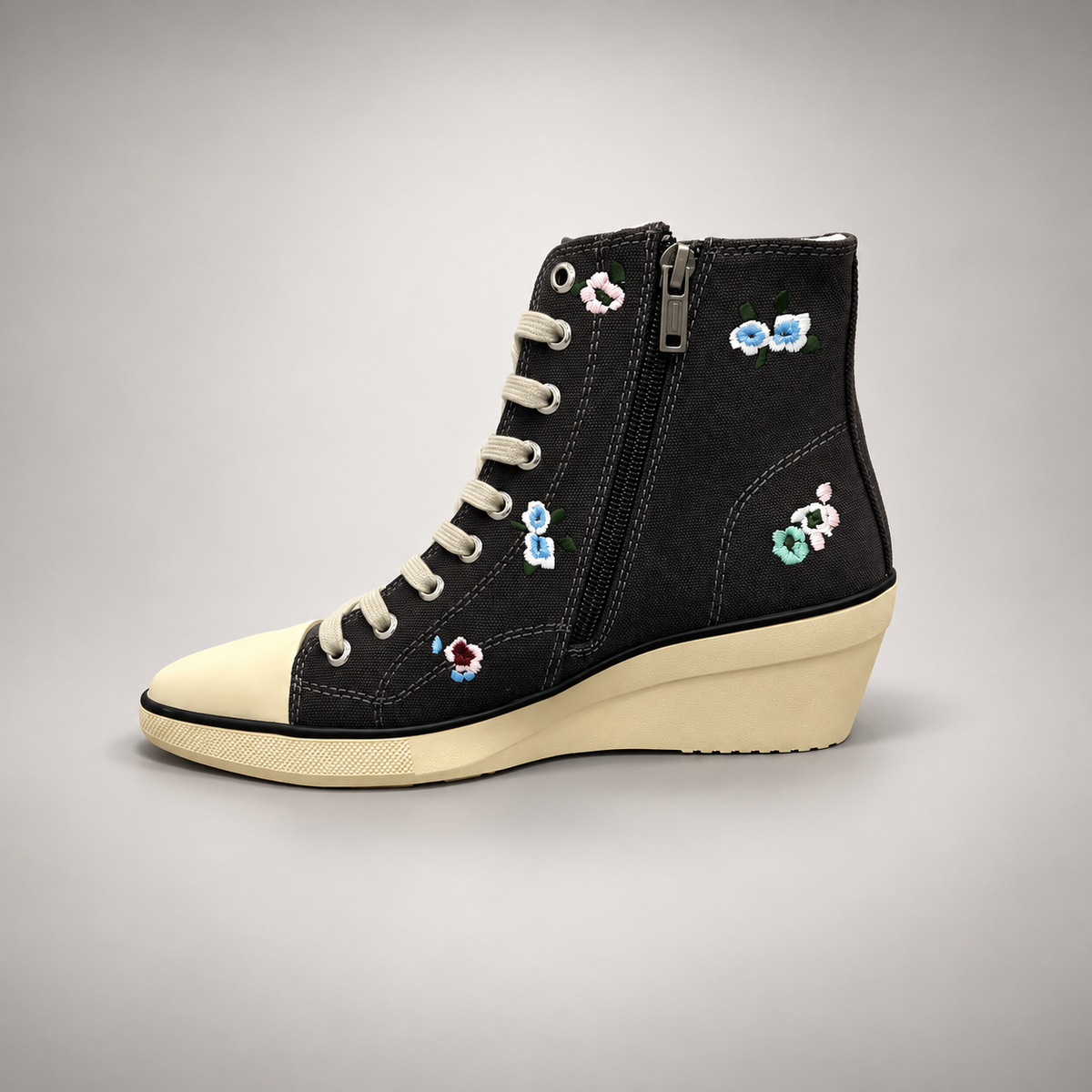 Black floral embroidered canvas wedge sneaker