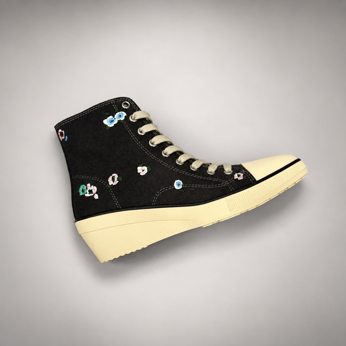 Black floral embroidered canvas wedge sneaker