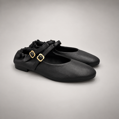 Black double-buckle leather Mary Jane flat