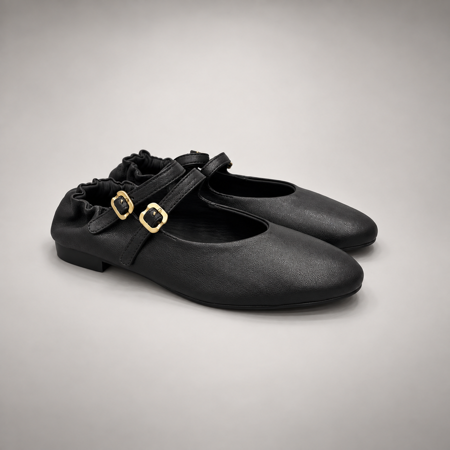 Black double-buckle leather Mary Jane flat