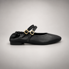 Black double-buckle leather Mary Jane flat