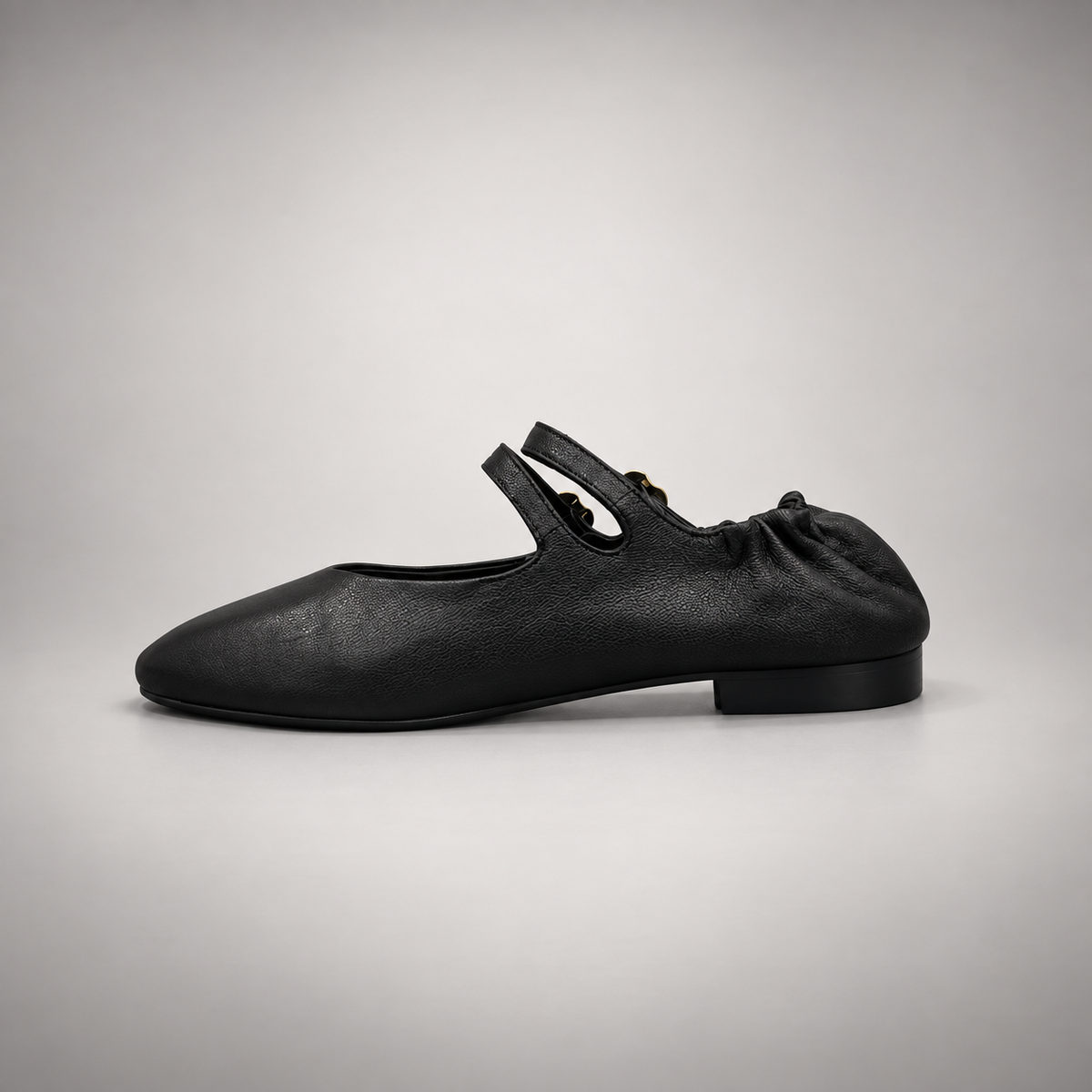 Black double-buckle leather Mary Jane flat