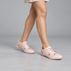 Blush pink studded leather sneakers, on-foot view