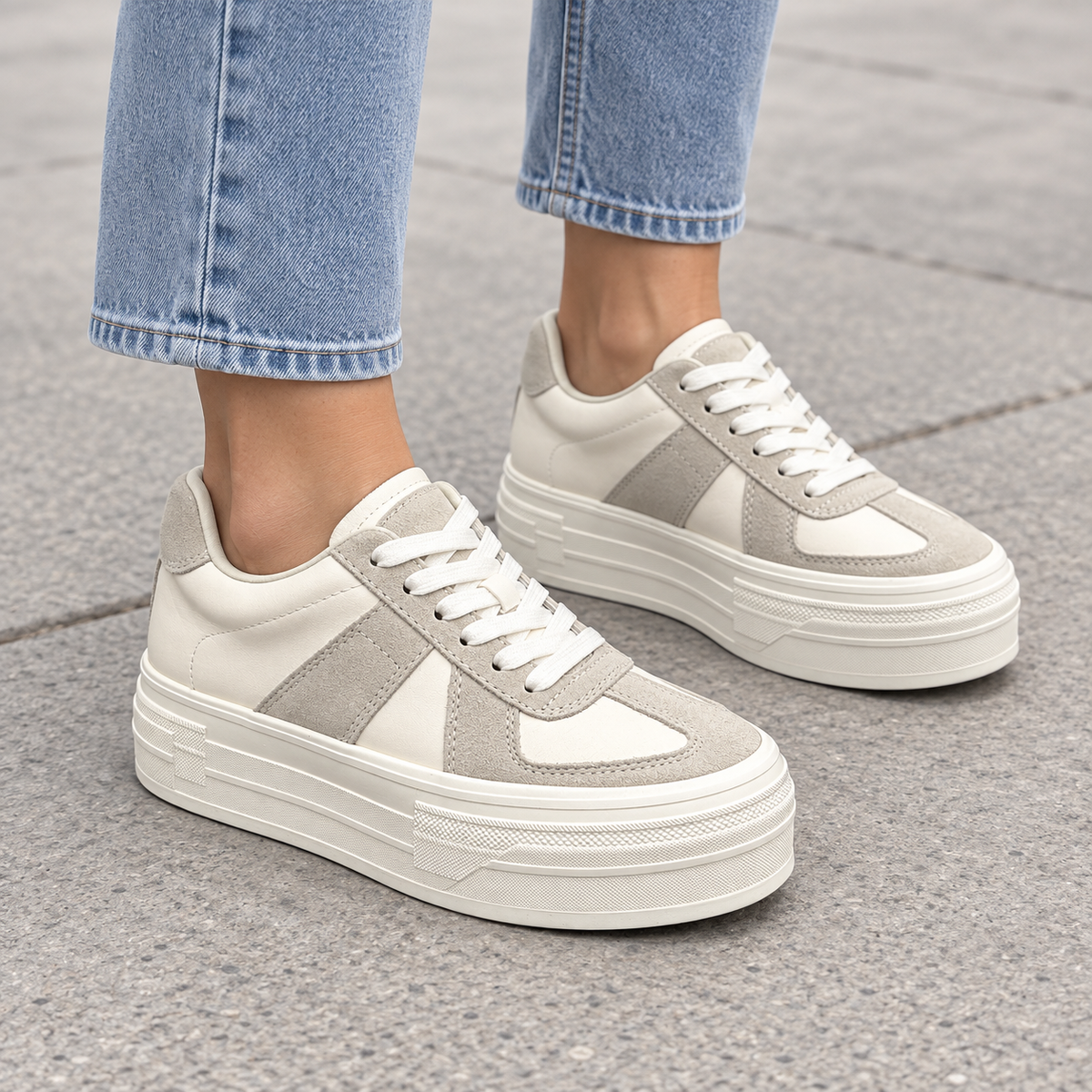 Off-white gray platform sneakers, square on-foot view