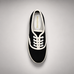 Black canvas lace-up sneakers, detail view