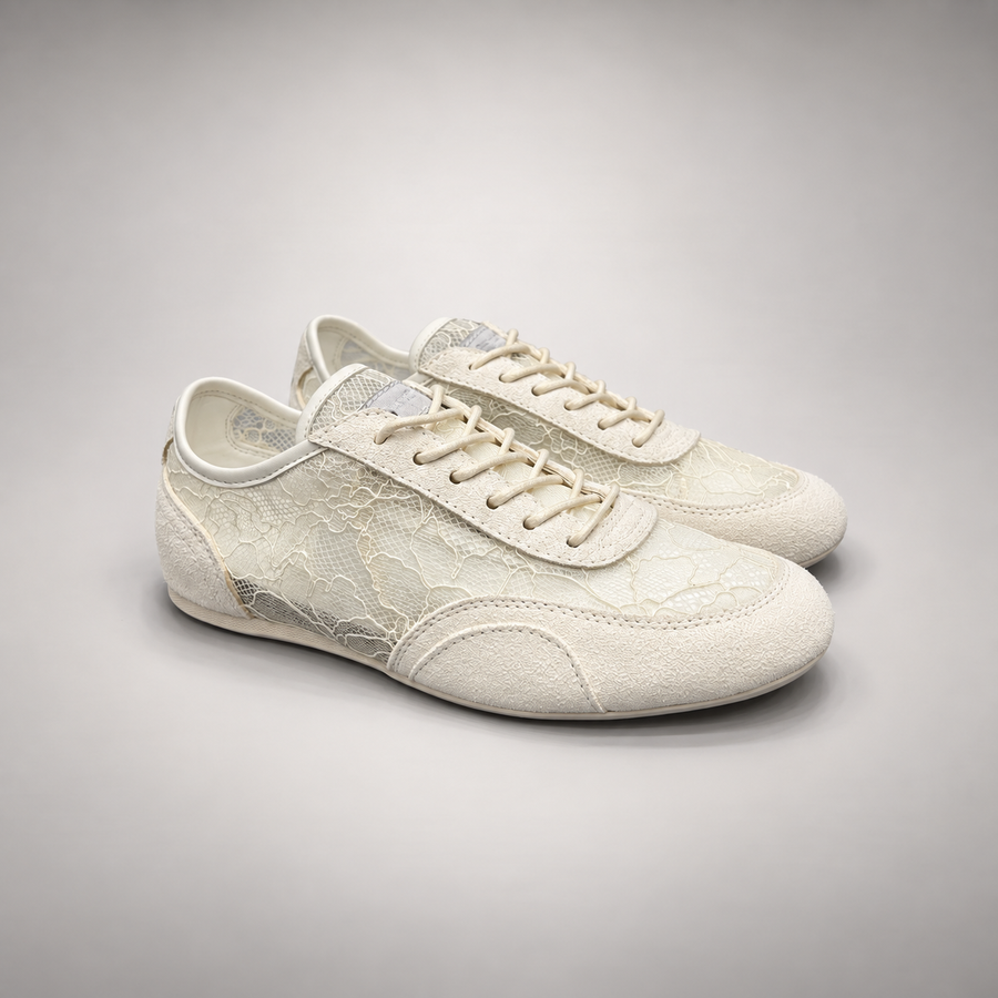 Ivory lace-panel suede sneakers, product view