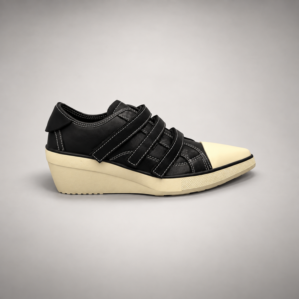 Black triple-strap wedge sneakers, side view