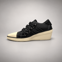 Black triple-strap wedge sneakers, detail view