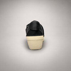 Black triple-strap wedge sneakers, back view
