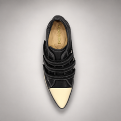 Black triple-strap wedge sneakers, detail view