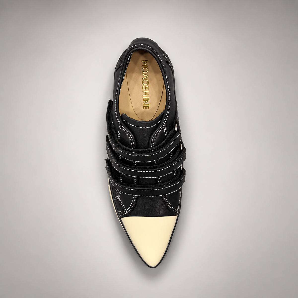 Black triple-strap wedge sneakers, detail view