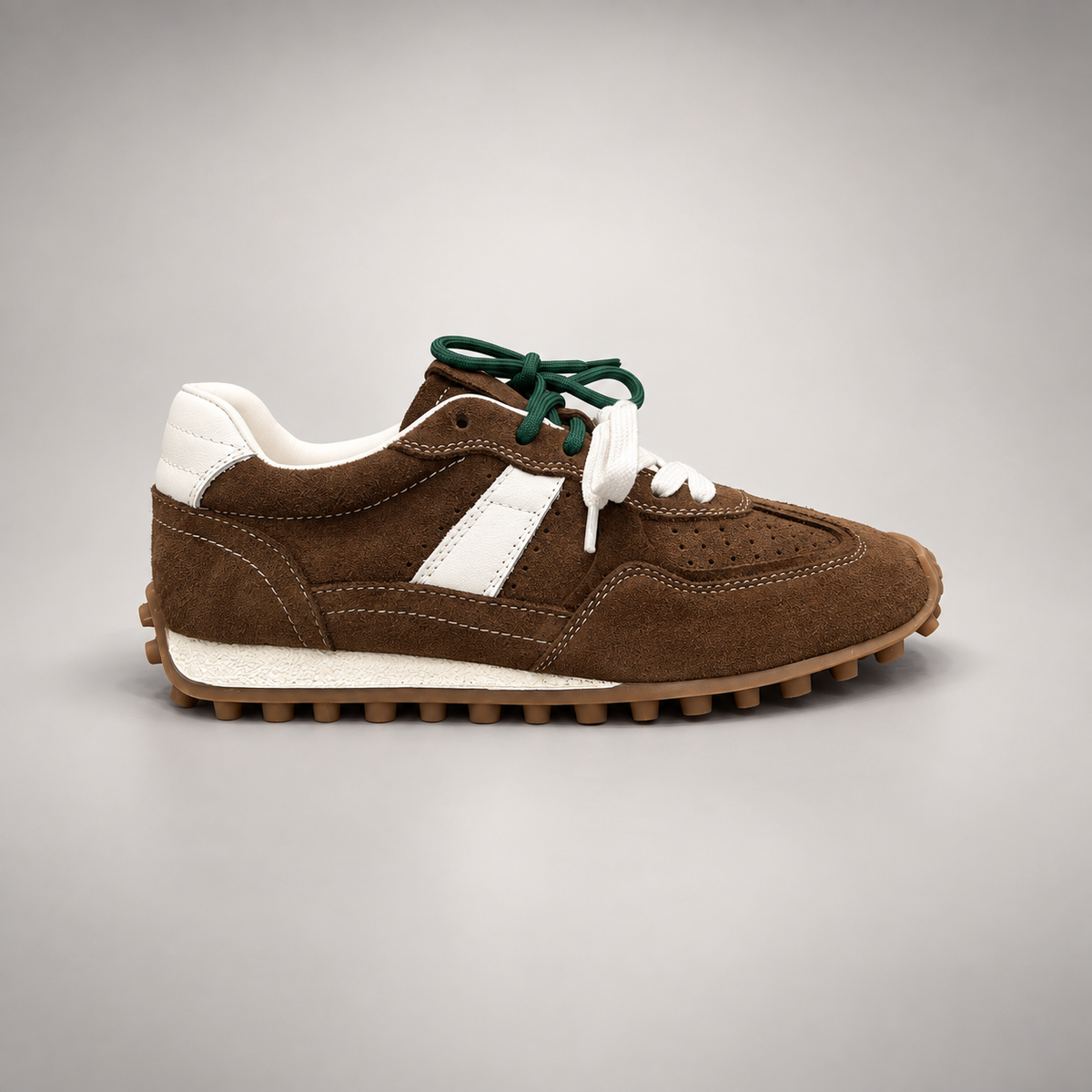 Dark brown suede sneakers, side view