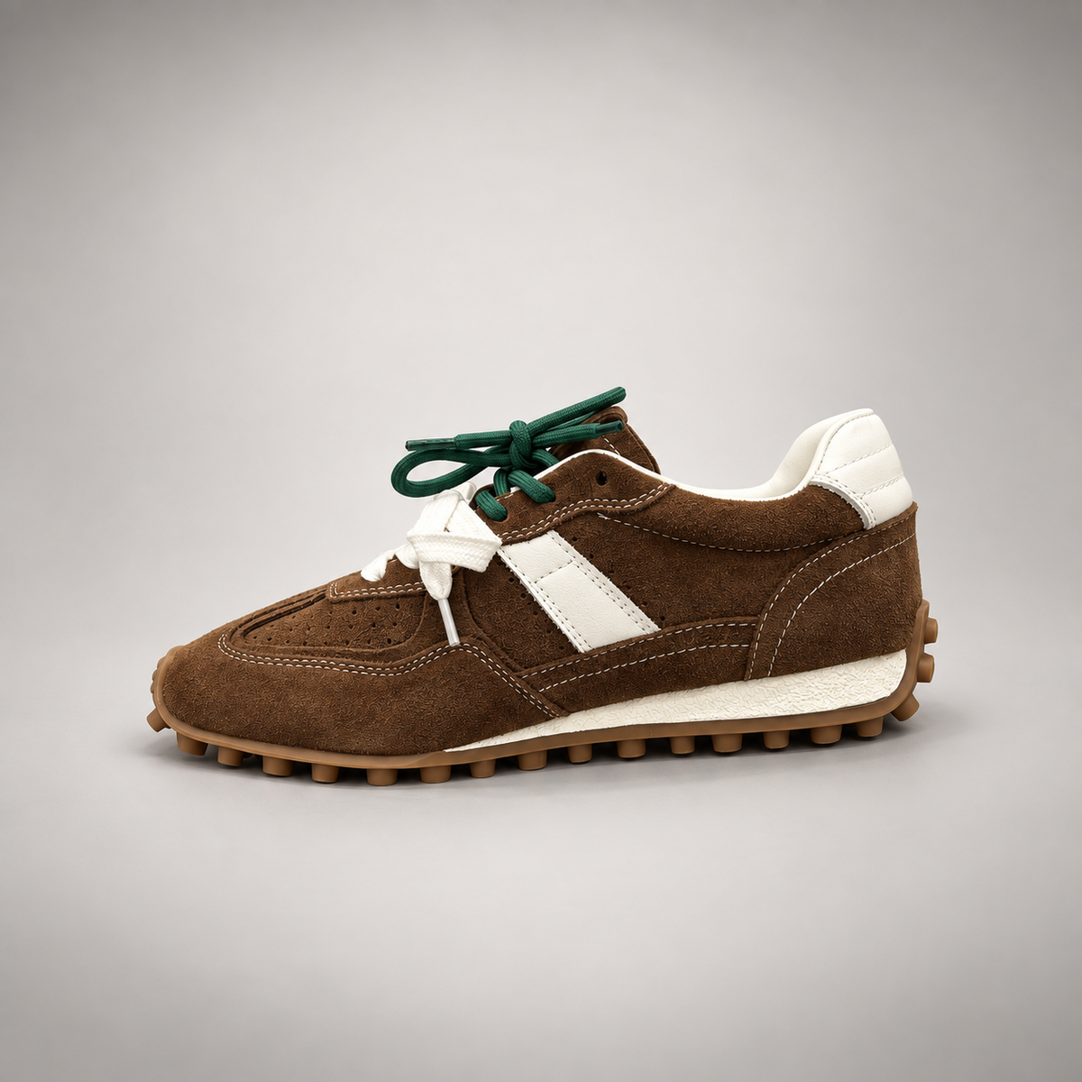 Dark brown suede sneakers, detail view