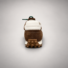Dark brown suede sneakers, back view