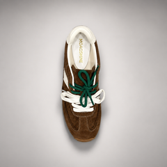 Dark brown suede sneakers, detail view