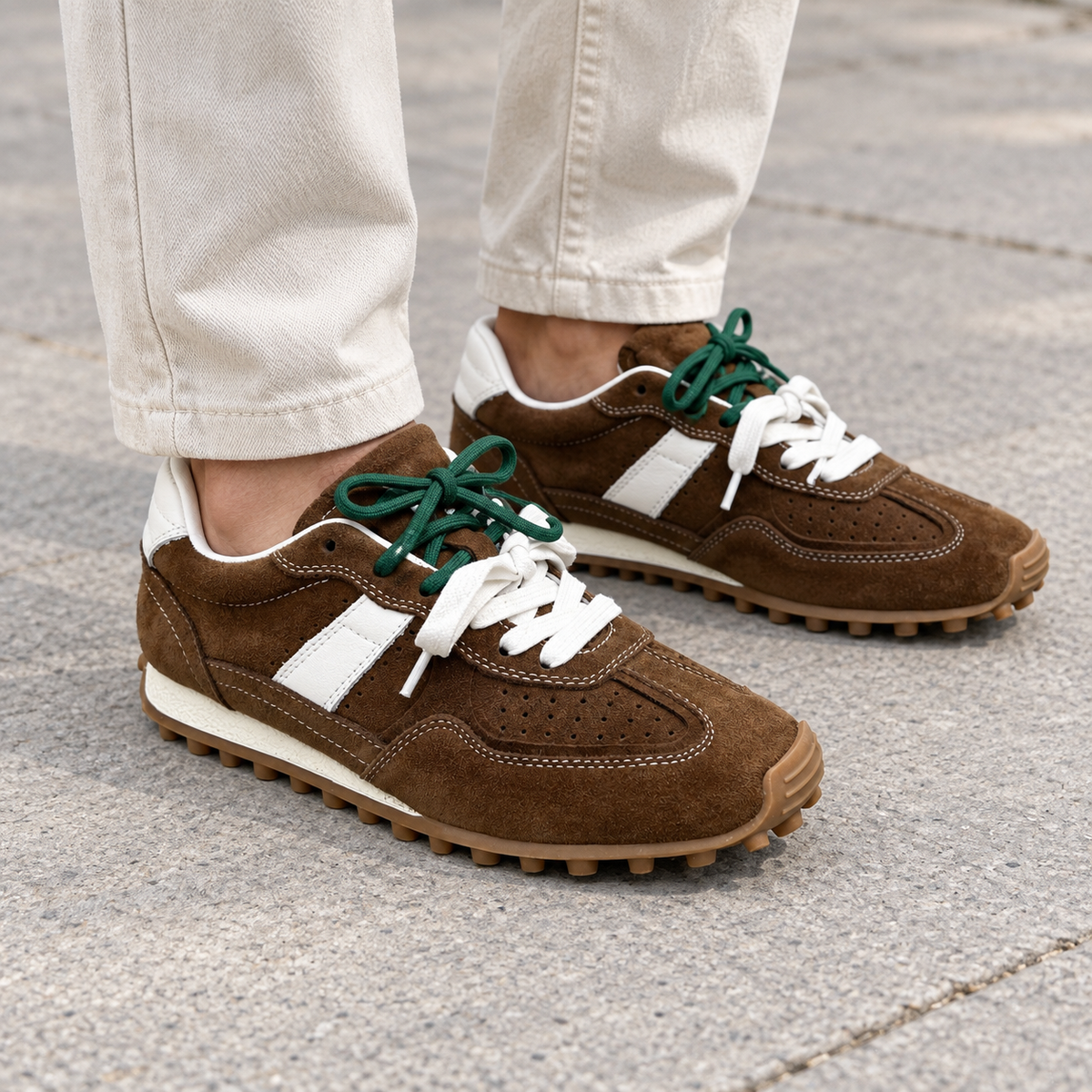 Dark brown suede sneakers, square on-foot view