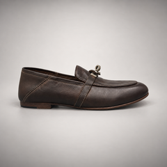 Dark brown washed leather horsebit loafer side view