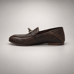 Dark brown washed leather horsebit loafer opposite-side view