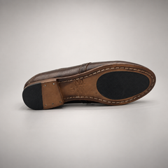 Dark brown washed leather horsebit loafer outsole view