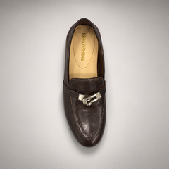 Dark brown washed leather horsebit loafer top view