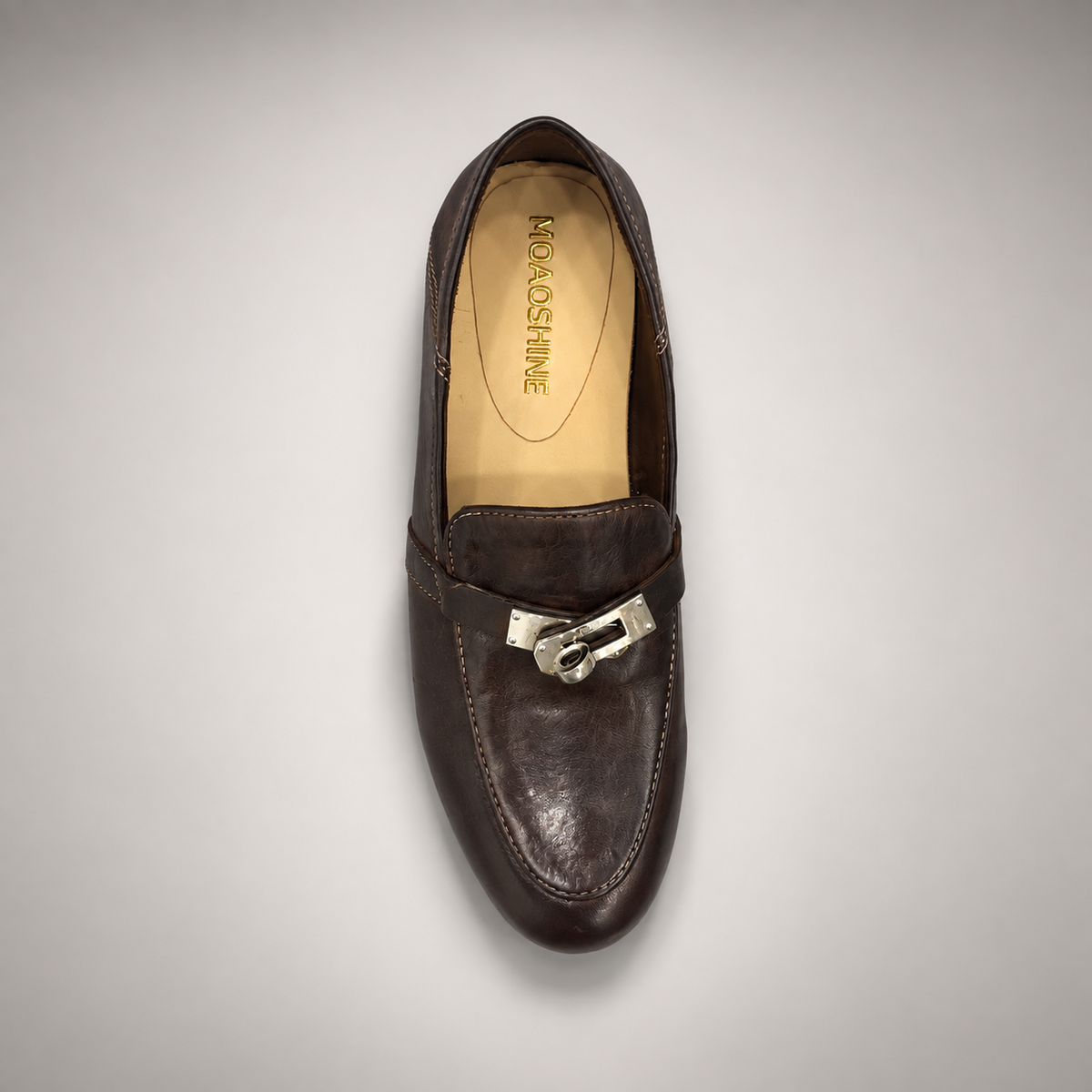 Dark brown washed leather horsebit loafer top view