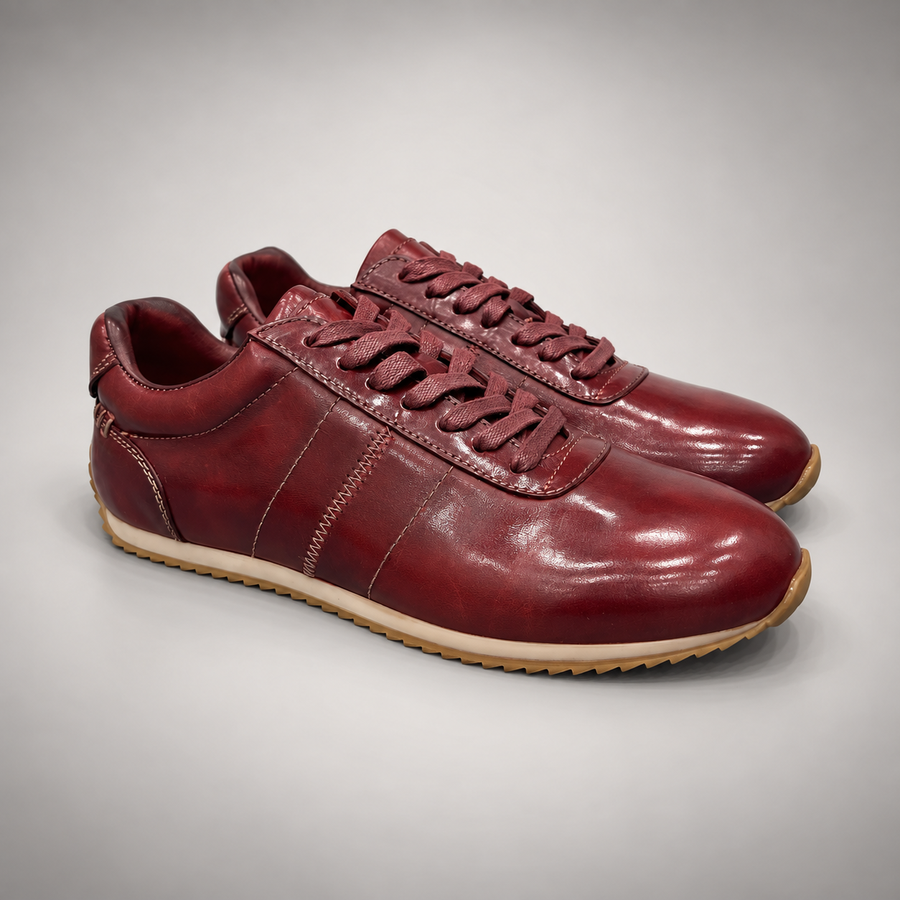 Burgundy low-top lace-up sneaker pair view