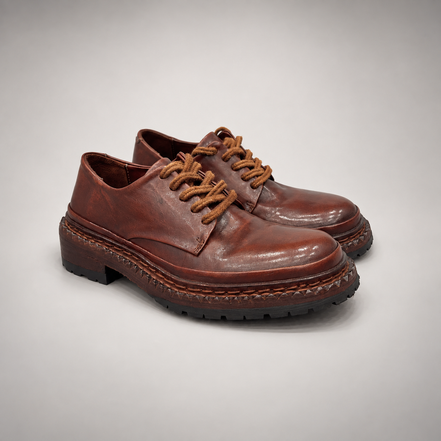 Brown washed leather platform lace-up shoes pair view