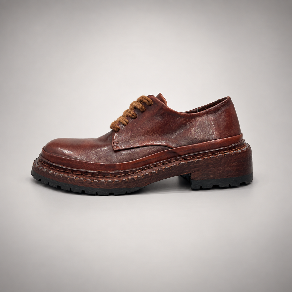 Brown washed leather platform lace-up shoes side view
