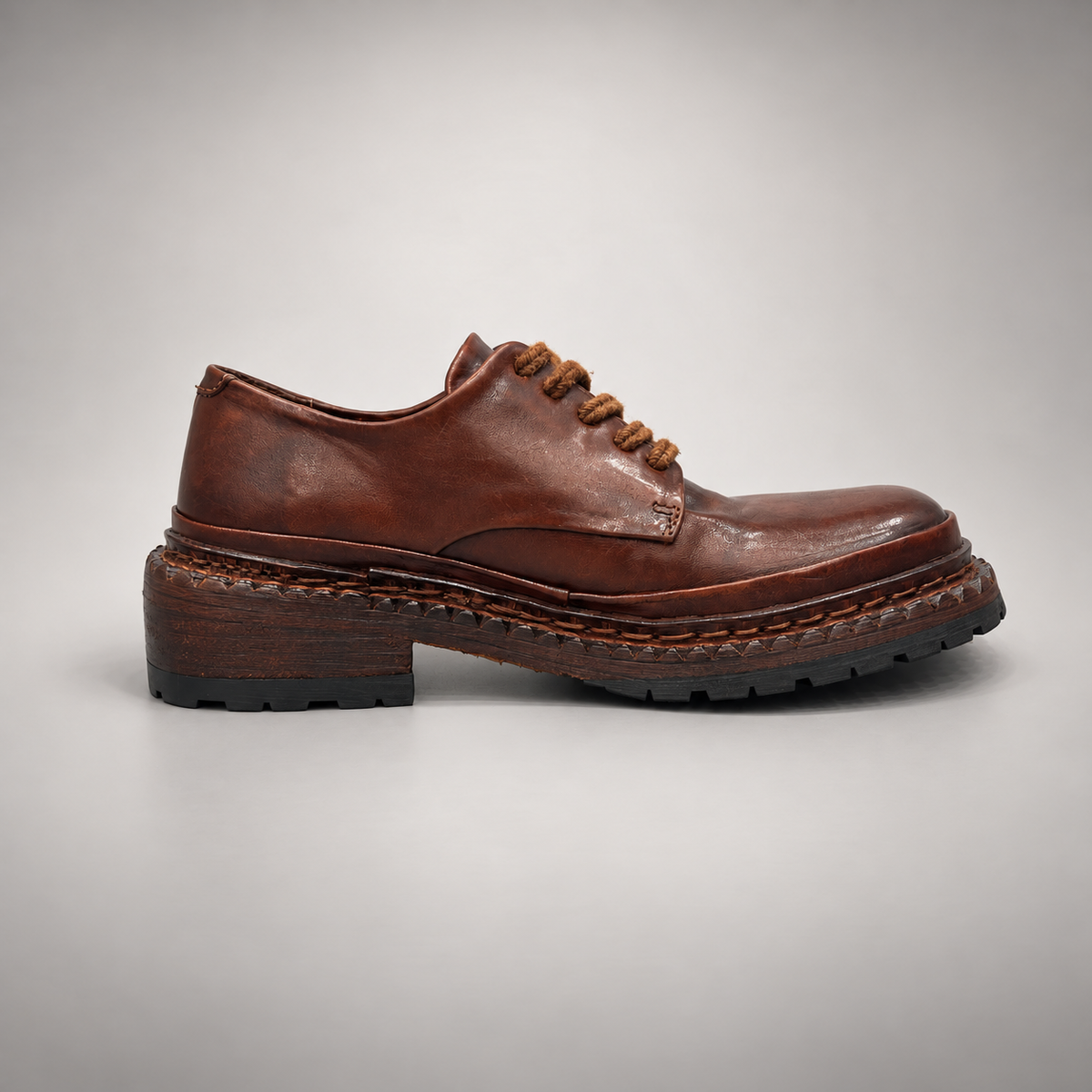 Brown washed leather platform lace-up shoes opposite-side view