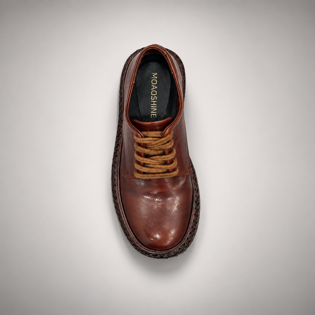 Brown washed leather platform lace-up shoes outsole view