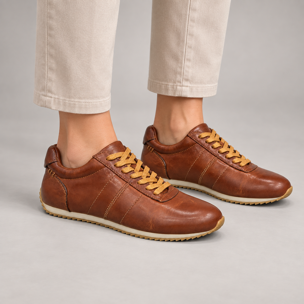 Brown washed leather lace-up sneakers worn on foot