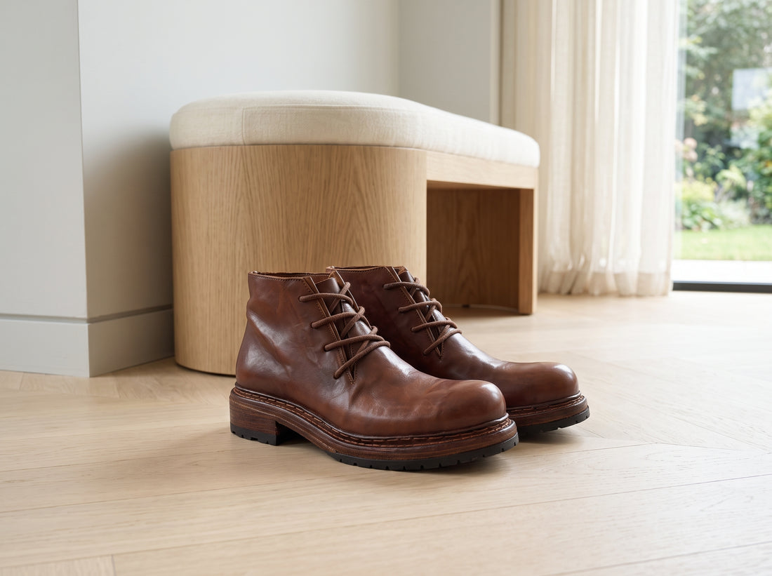 Complete pair showing the brown finish and lace-up silhouette.