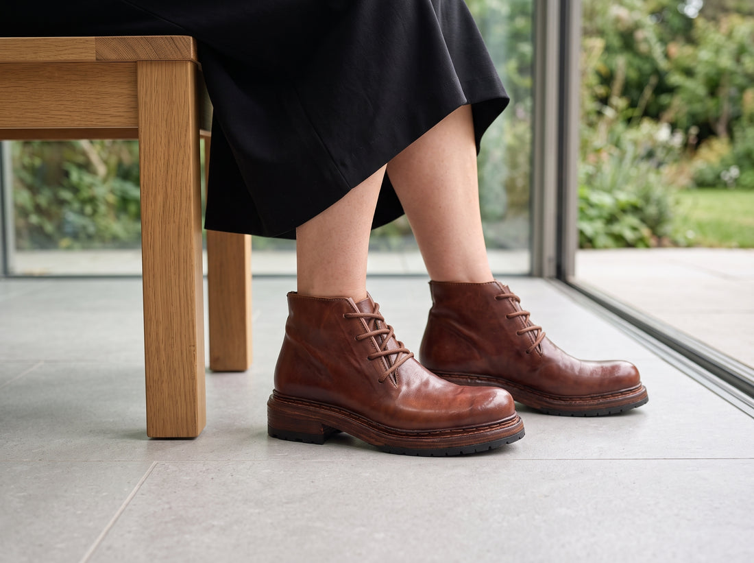 Side profile showing the ankle height, rounded toe and low heel.