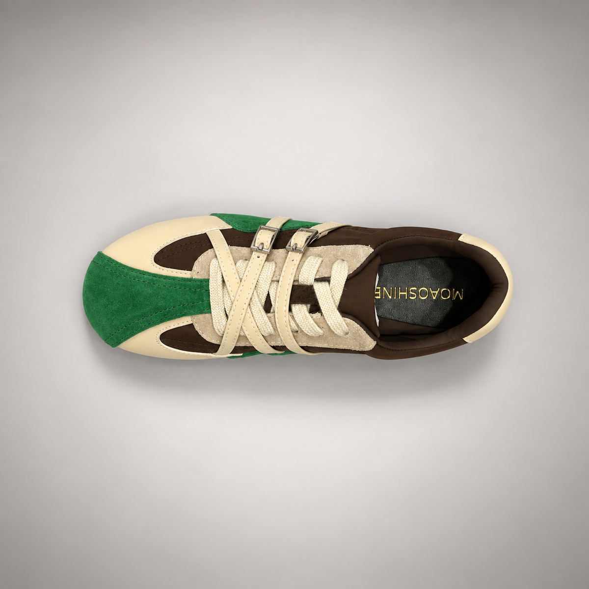 Green and Brown Suede Buckle-Detail Sneakers top view
