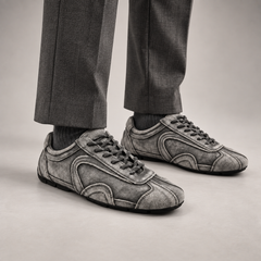 Gray Suede Retro Lace-Up Sneakers worn on foot