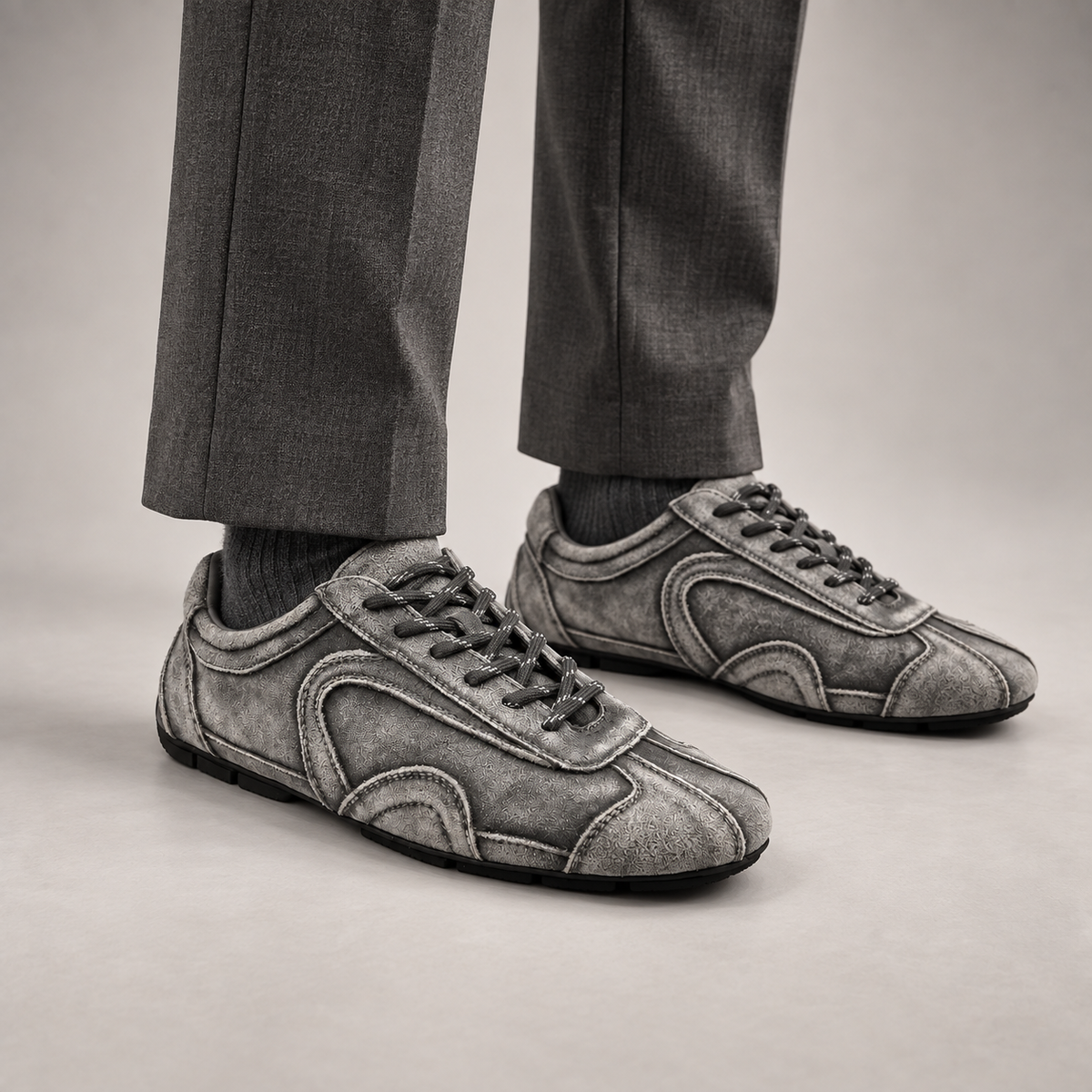 Gray Suede Retro Lace-Up Sneakers worn on foot