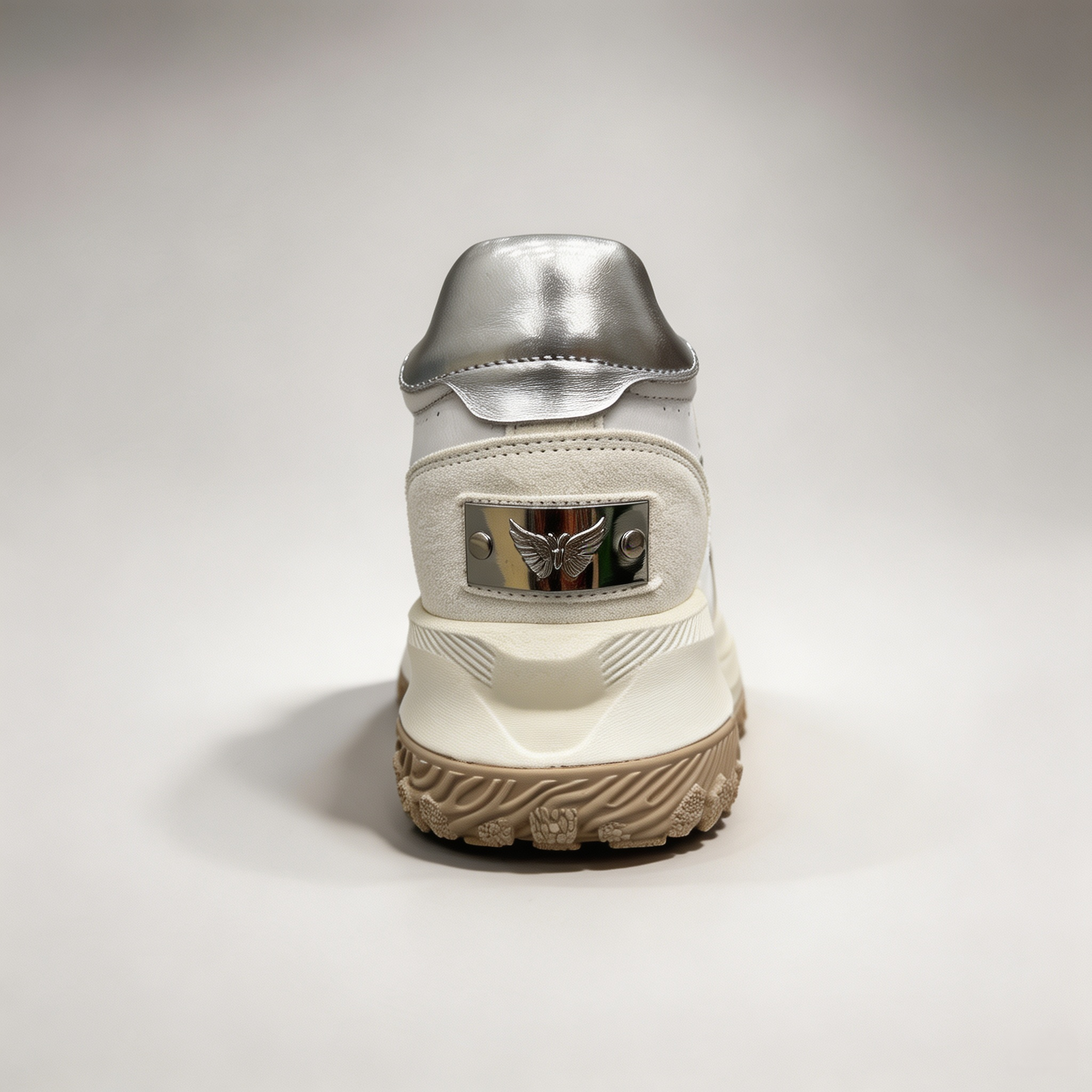 Silver sneaker rear view showing a panelled lace-up upper