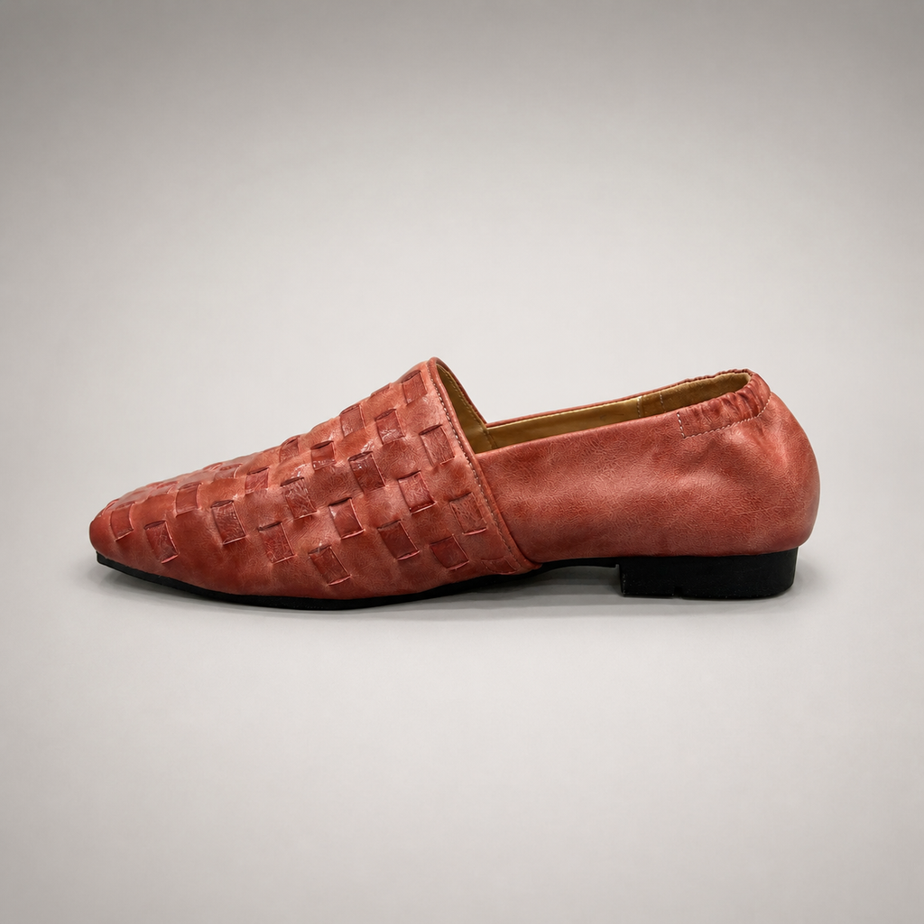 Rust woven loafer opposite side profile showing a woven slip-on upper