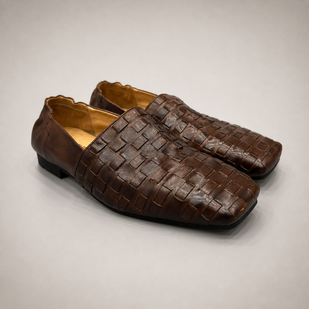Brown woven loafer pair three-quarter view showing a woven slip-on upper