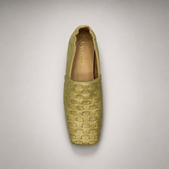Yellow woven loafer rear view showing a woven slip-on upper