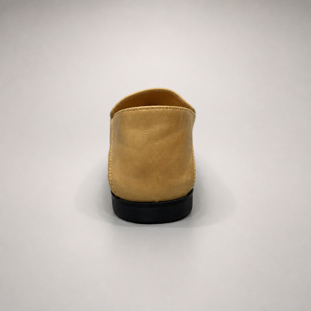 Tan loafer rear view showing a metal accent across the vamp