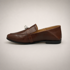 Brown loafer opposite side profile showing a metal accent across the vamp