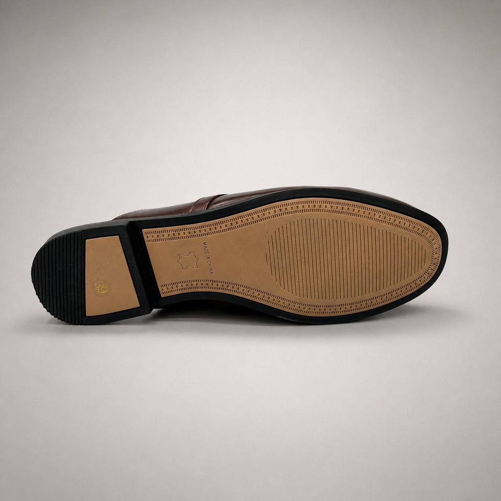 Brown mule loafer rear view showing an open-back mule construction and metal vamp accent