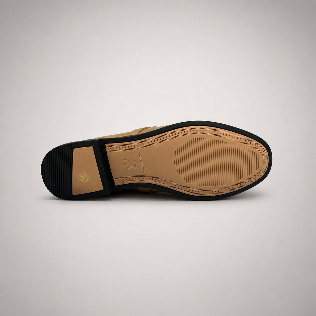 Tan mule loafer rear view showing an open-back mule construction and metal vamp accent