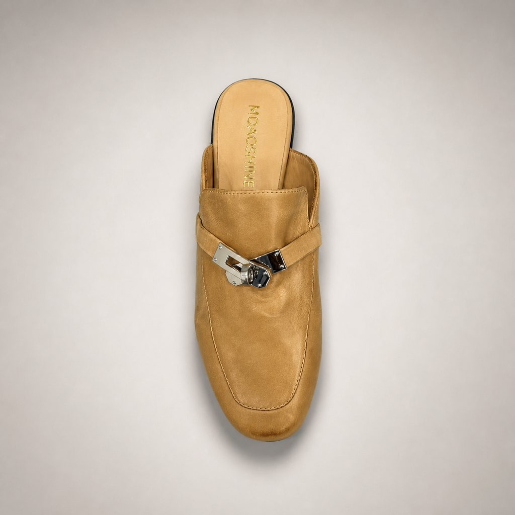 Tan mule loafer outsole view showing the cow leather outsole